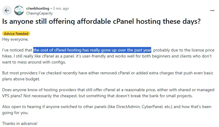 Reddit user points at a substantial price increase at cPanel