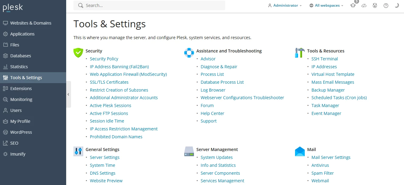 View of Plesk interface