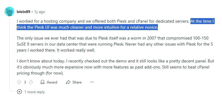 Reddit user says Plesk used to be more intuitive than cPanel