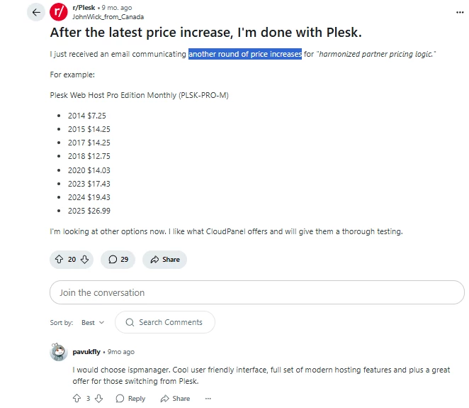 Reddit user says they moved from Plesk because of the price increase