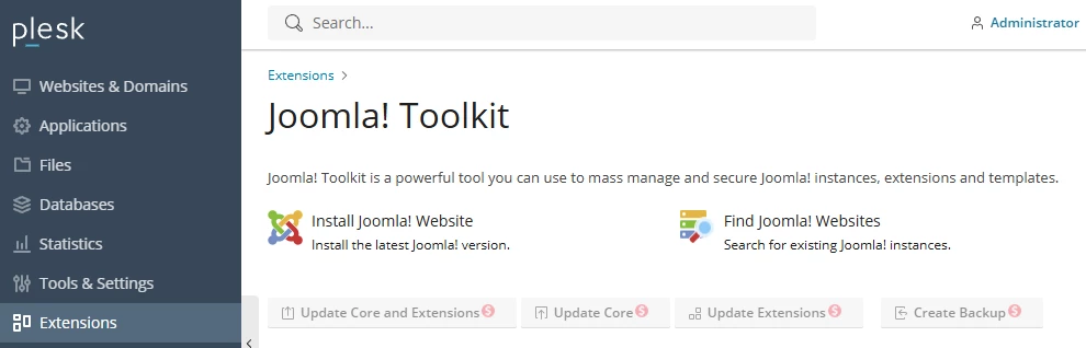View of Plesk Joomla Toolkit