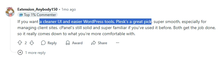 Reddit user praising Plesk for a clean UI
