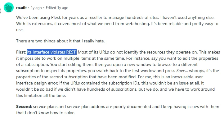 Reddit user says Plesk's interface violates REST