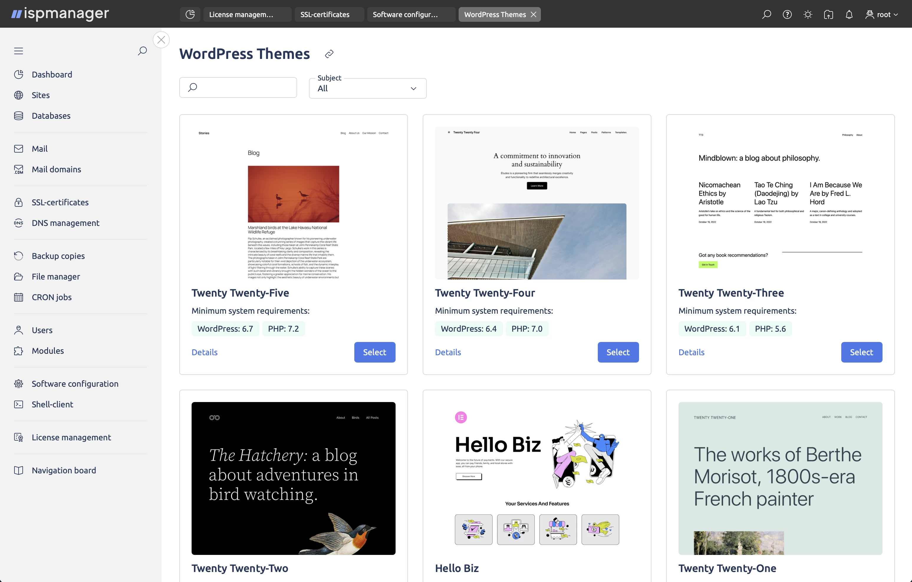 View of WordPress themes selection in ispmanager