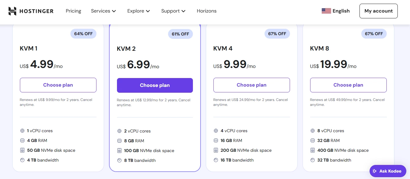 View of Hostinger's hosting plans