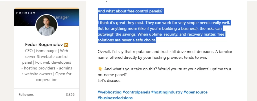 View of ispmanager CEO's LinkedIn post