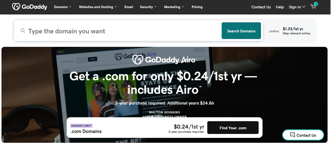 View of GoDaddy's home page