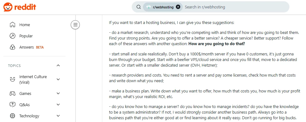 Reddit user's reflection questions for novice web hosting providers