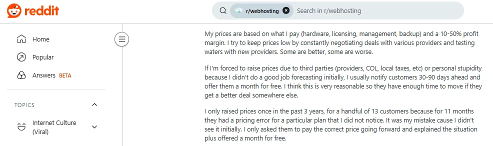 Reddit user's comment on how to set prices in web hosting