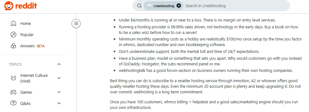 Reddit user recommends trying reseller hosting before you start a web hosting company