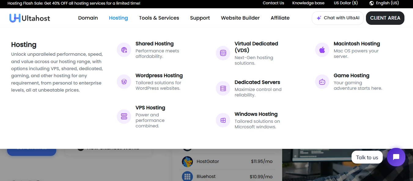 View of Ultahost's services
