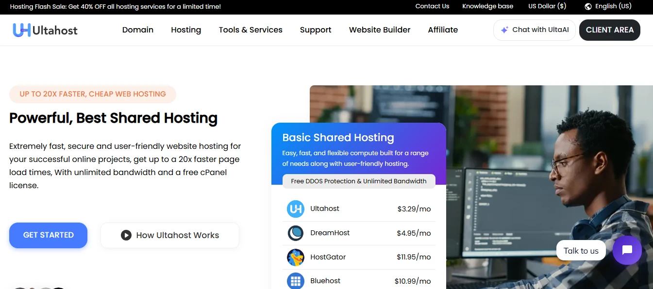 View of Ultahost home page