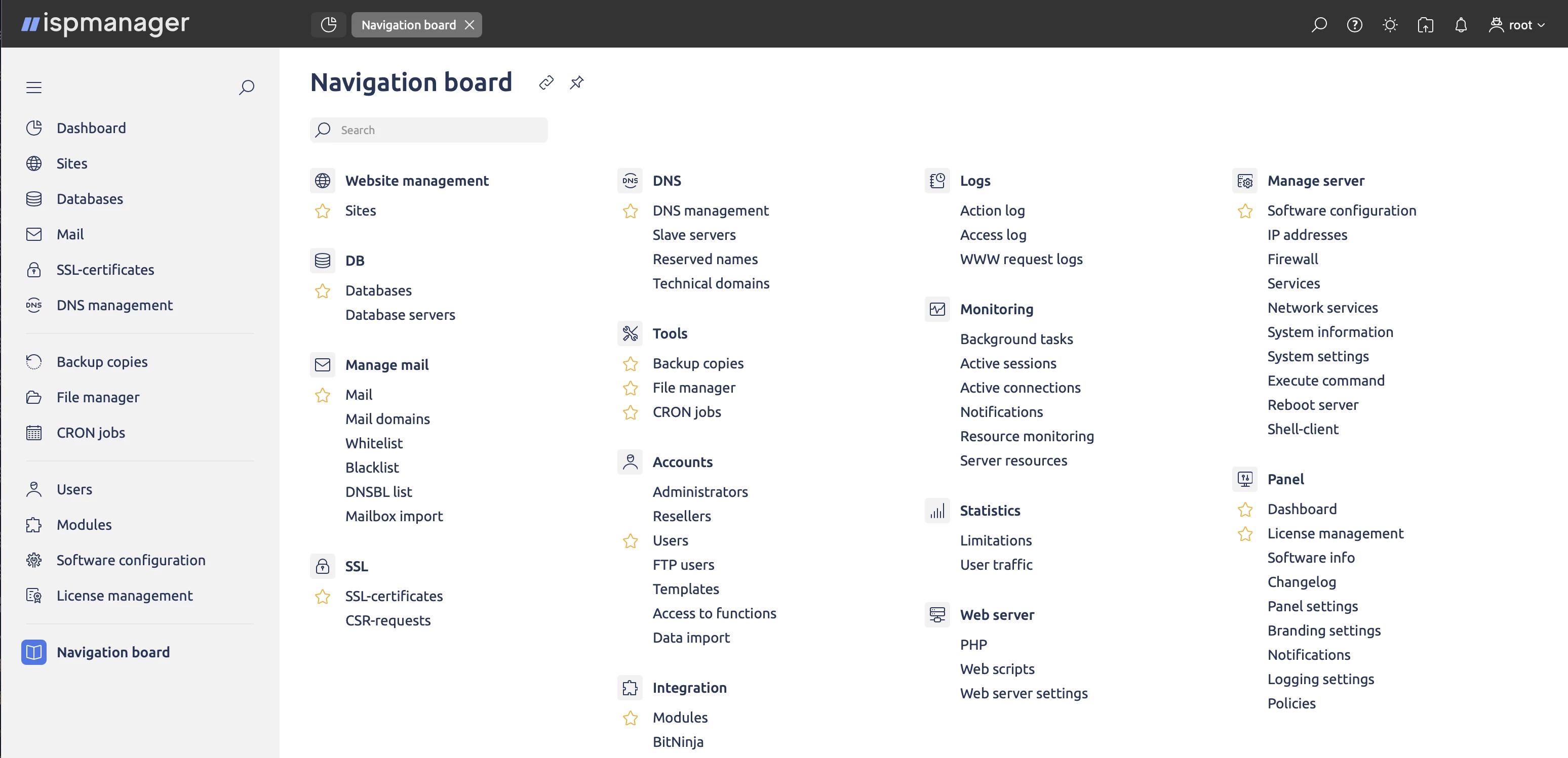 View of ispmanager's Navigation Board