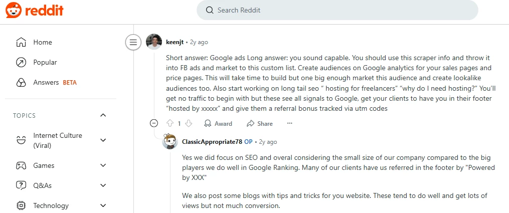 Reddit user recommends using long tail SEO