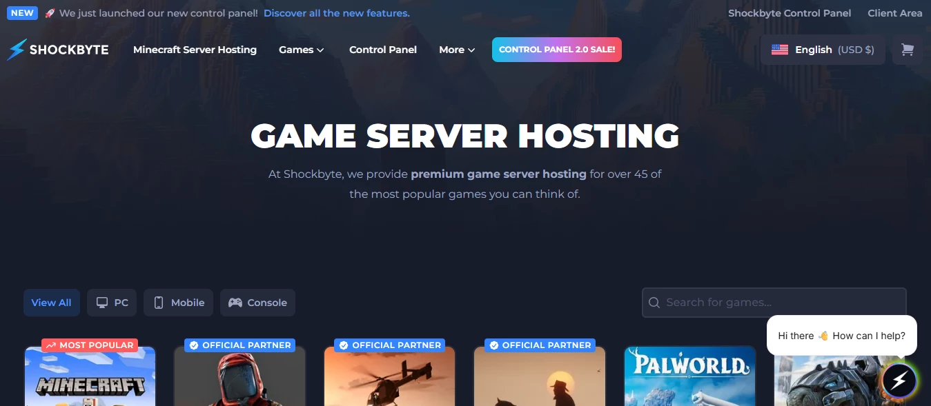 View of game server hosting from Shockbyte