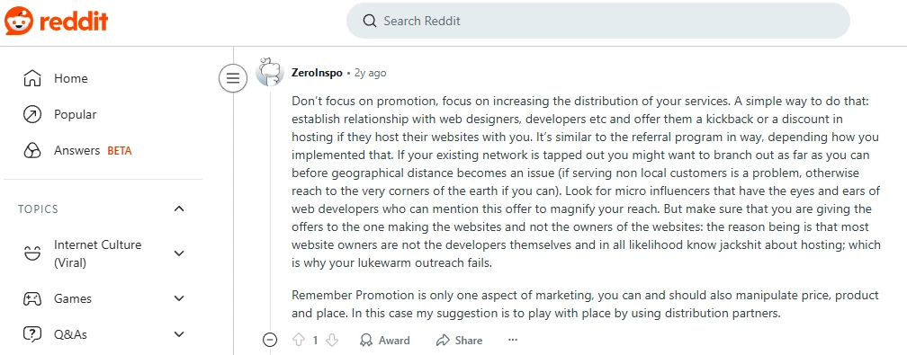Reddit users advises focusing on both web hosting promotion and service distribution