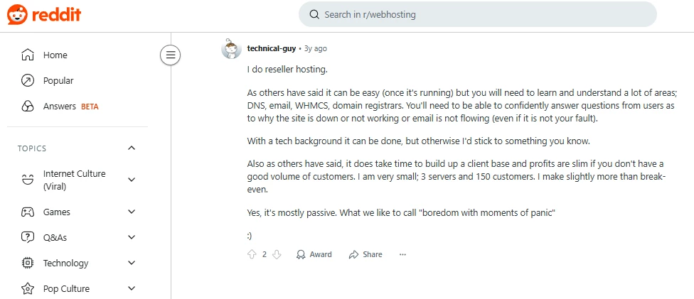 Reddit user says you need basic tech knowledge to resell hosting
