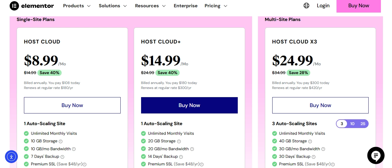 View of Elementor's web hosting plans