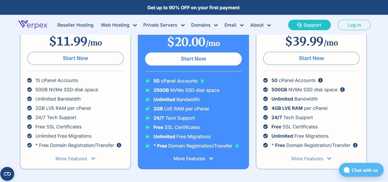 View of Verpex's reseller hosting plans
