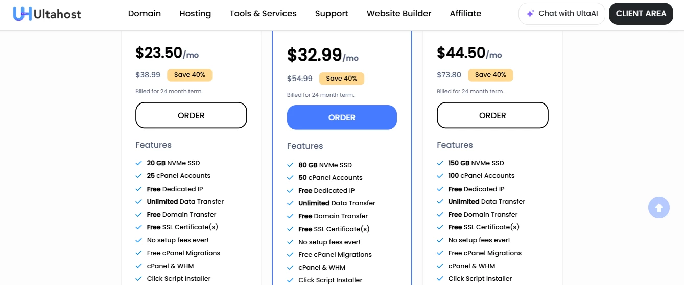 View of Ultahost's reseller plans