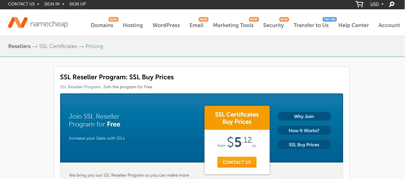 View of SSL reseller prices at Namecheap