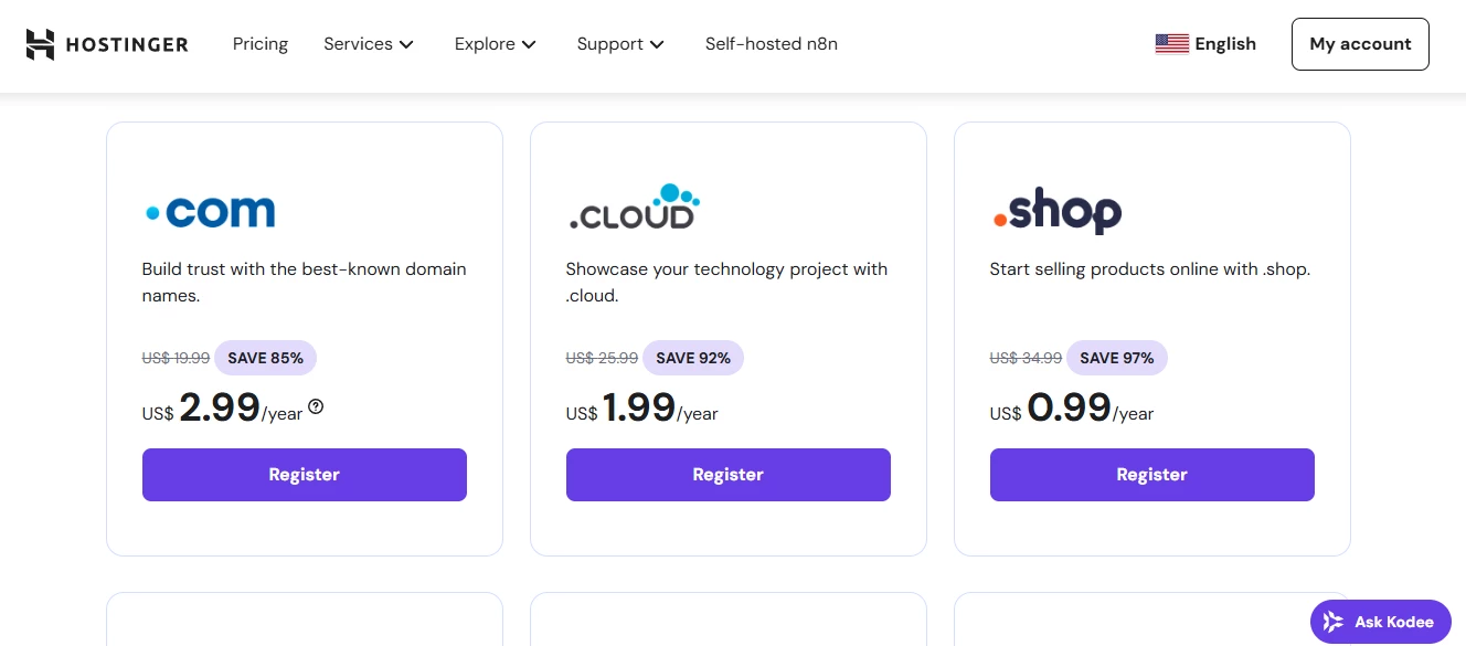 View of domain registration costs at Hostinger