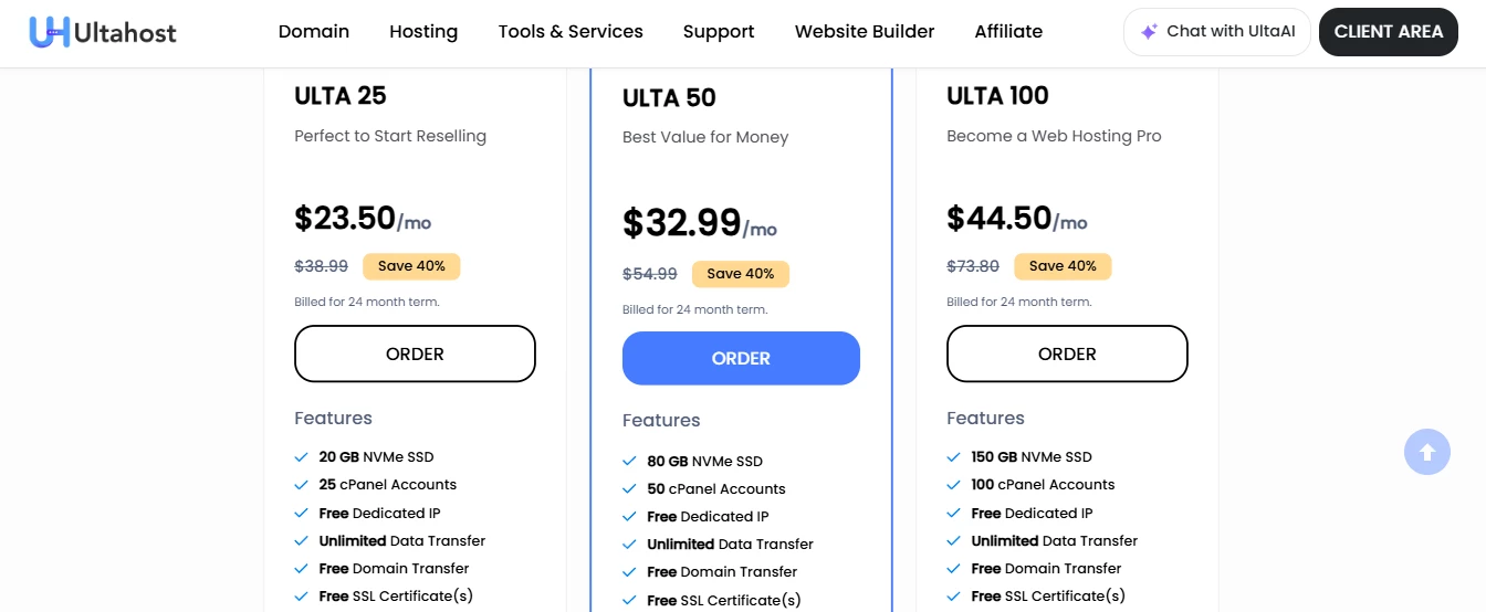 View of Ultahost reseller packages