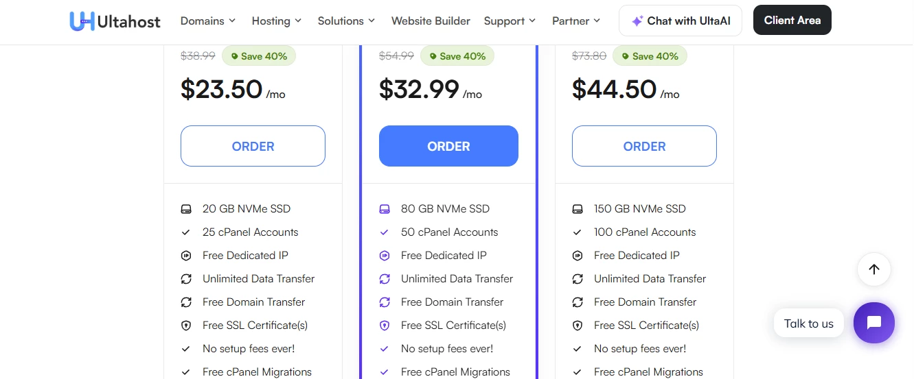 View of Ultahost's VPS reseller plans