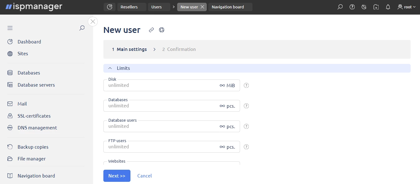 View of user limits in ispmanager