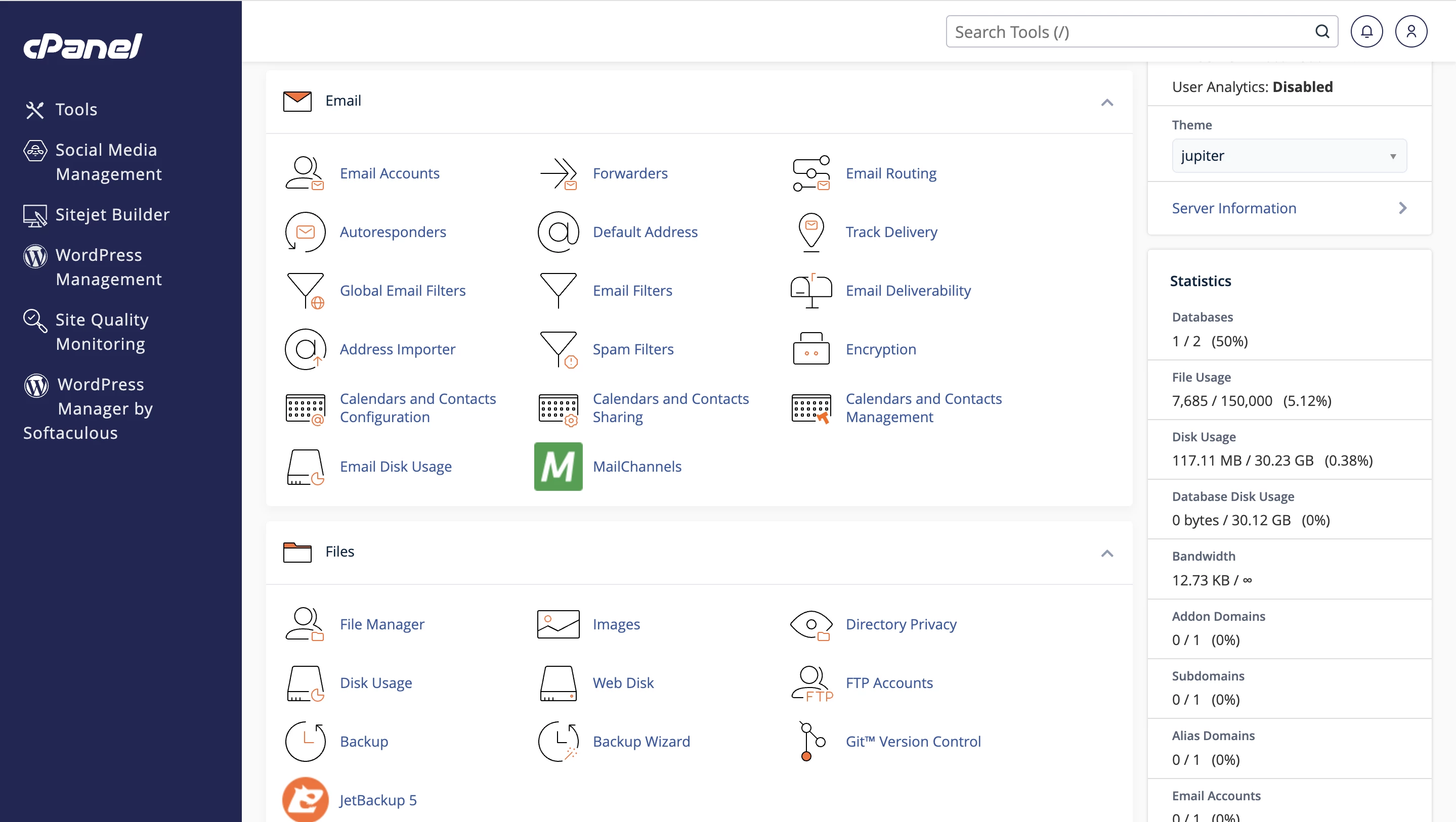 View of cPanel interface