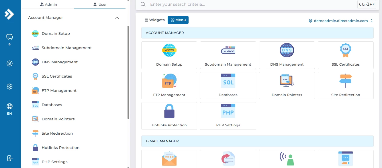View of DirectAdmin menu