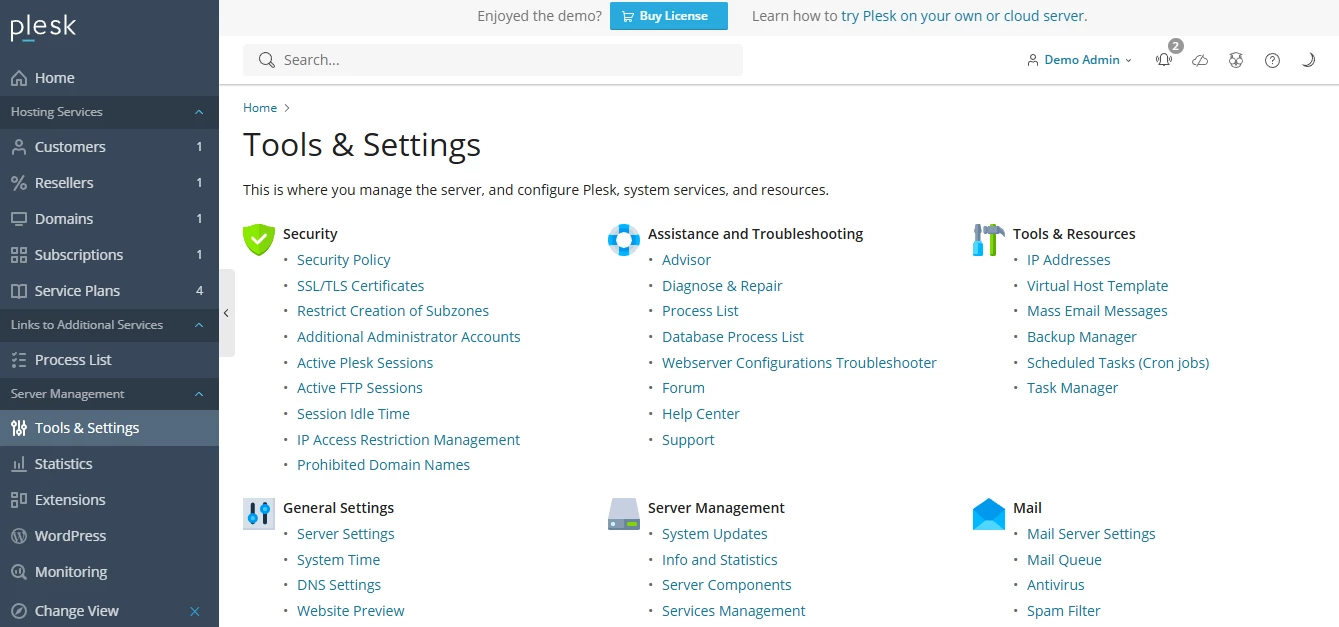 View of Plesk dashboard