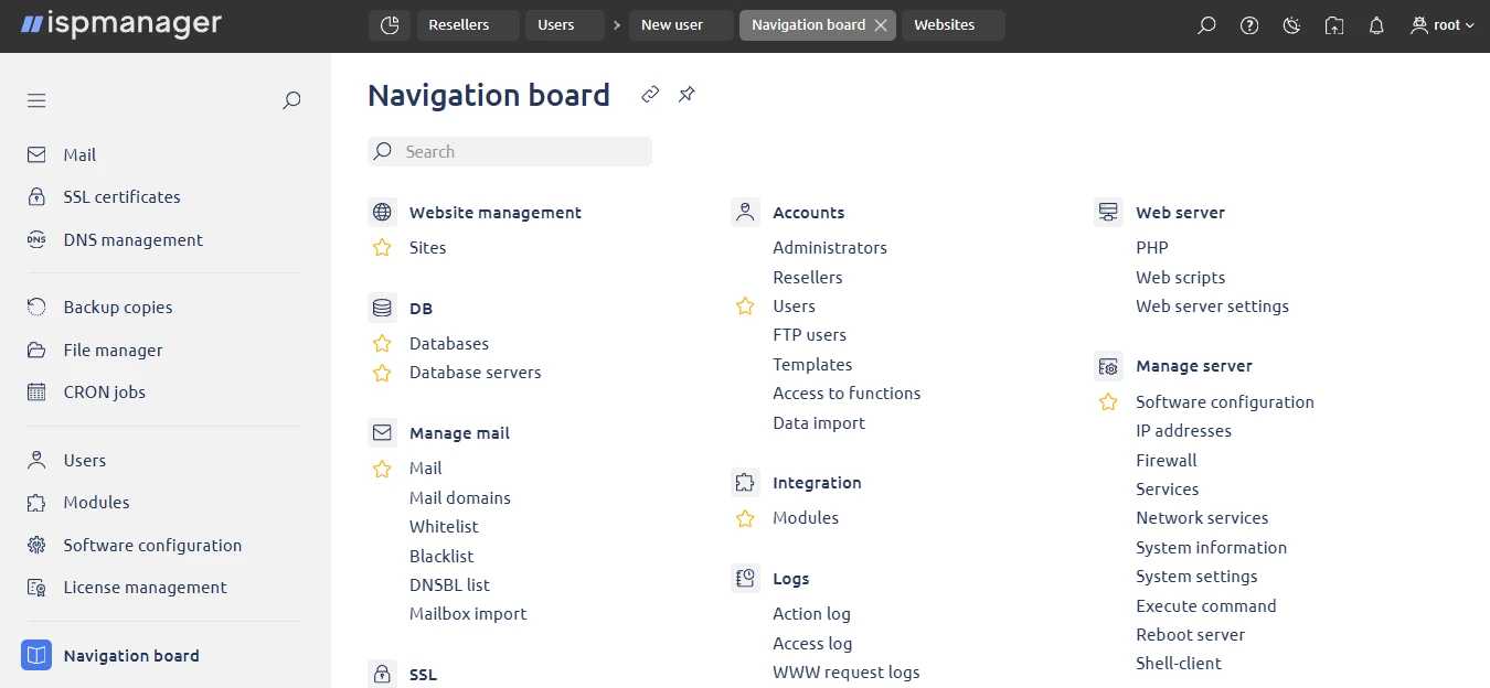 View of ispmanager navigation board