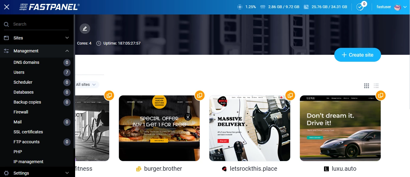 View of FastPanel interface
