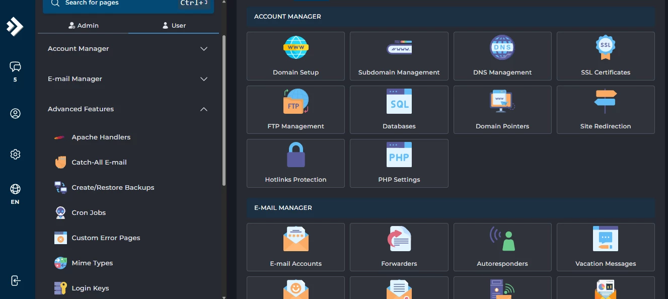 View of DirectAdmin's dashboard