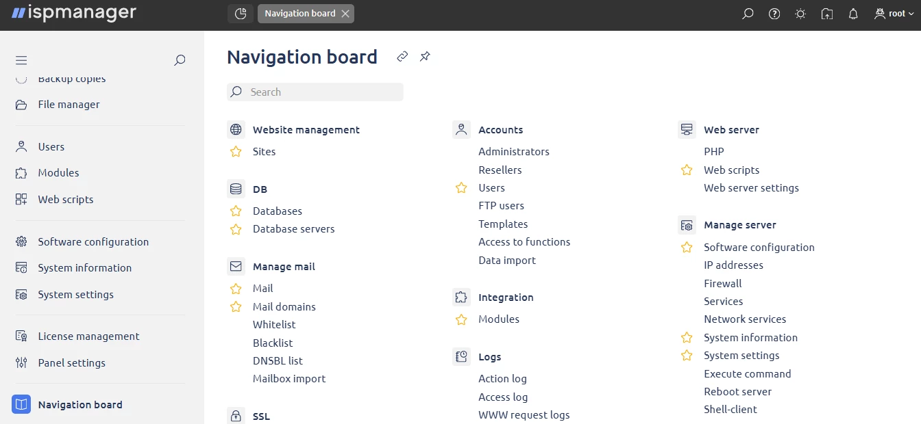 View of ispmanager Navigation board