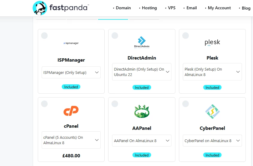 View of FastPanda's choice of control panels for VPS