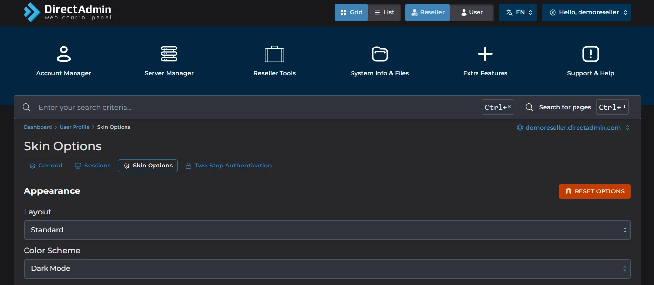 DirectAdmin standard layout