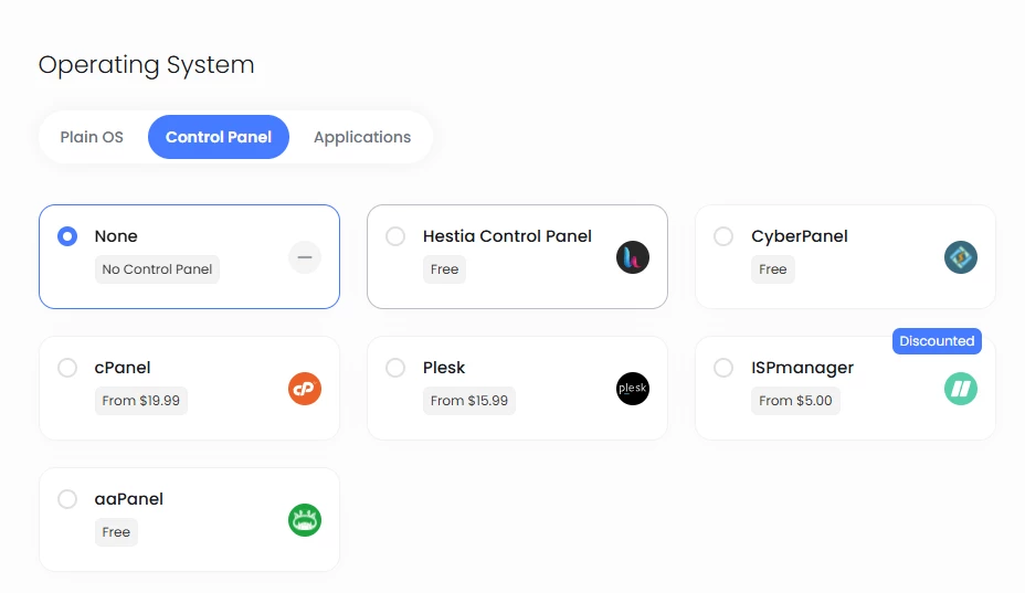 View of Ultahost's choice of control panels for VPS