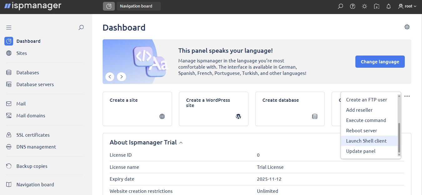 View of ispmanager dashboard