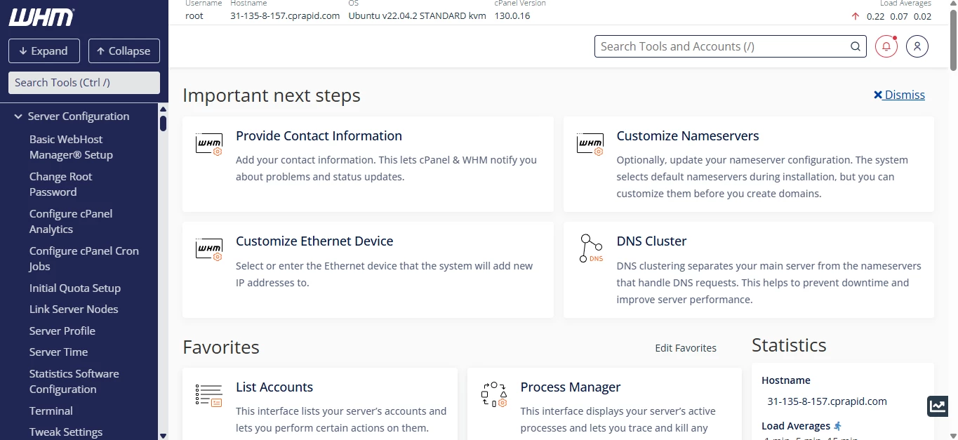 View of WHM interface