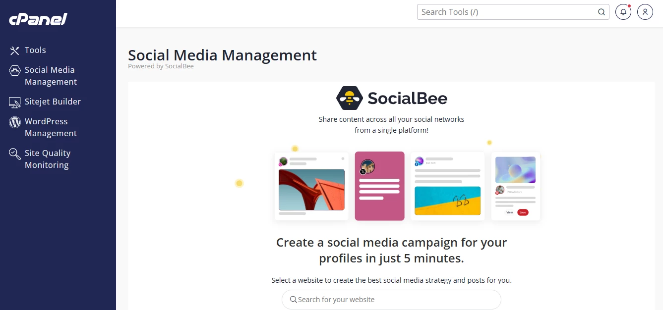 View of SocialBee SMM tool in cPanel