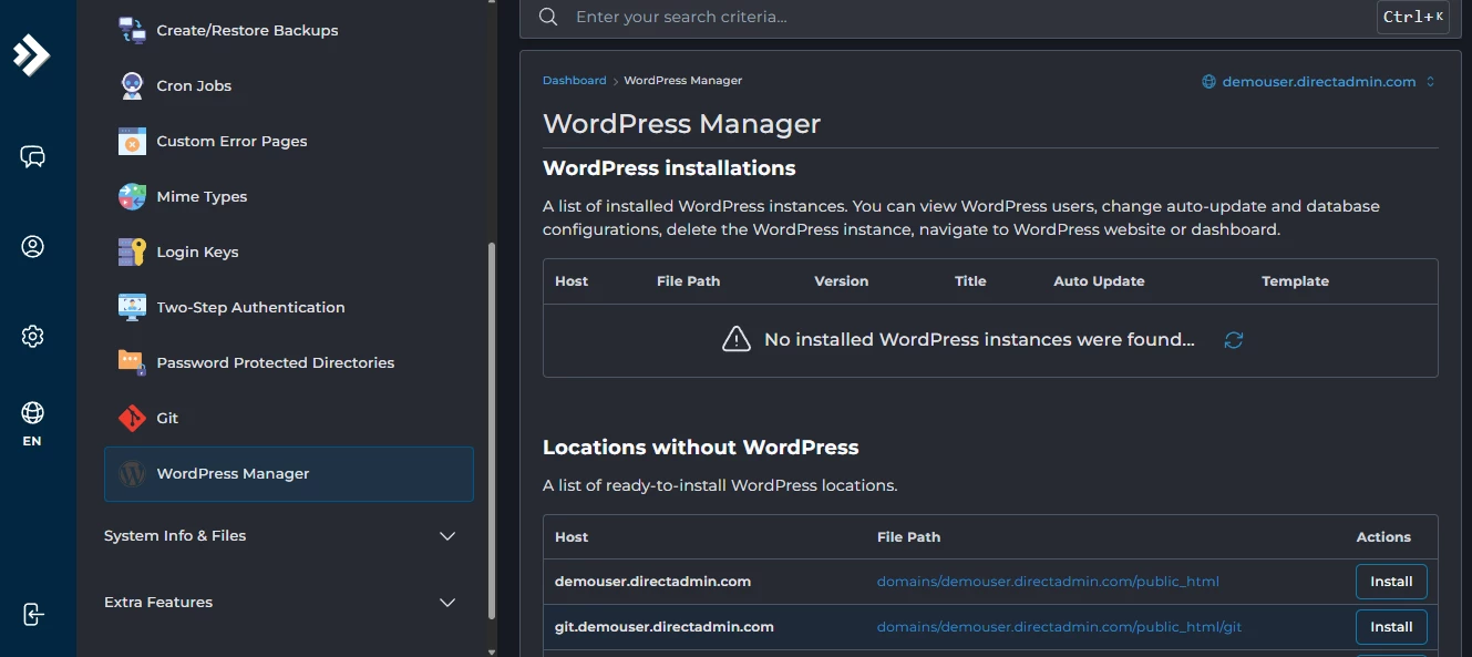 View of WordPress Manager in DirectAdmin
