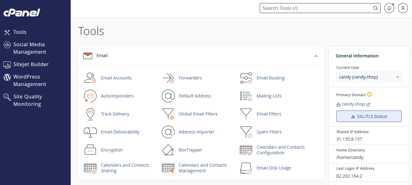 View of cPanel interface