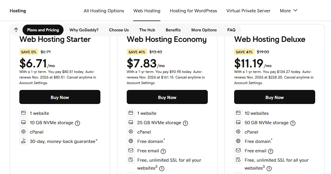 View of shared-hosting plans at GoDaddy