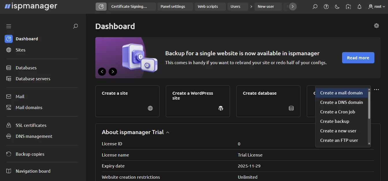 View of ispmanager Dashboard