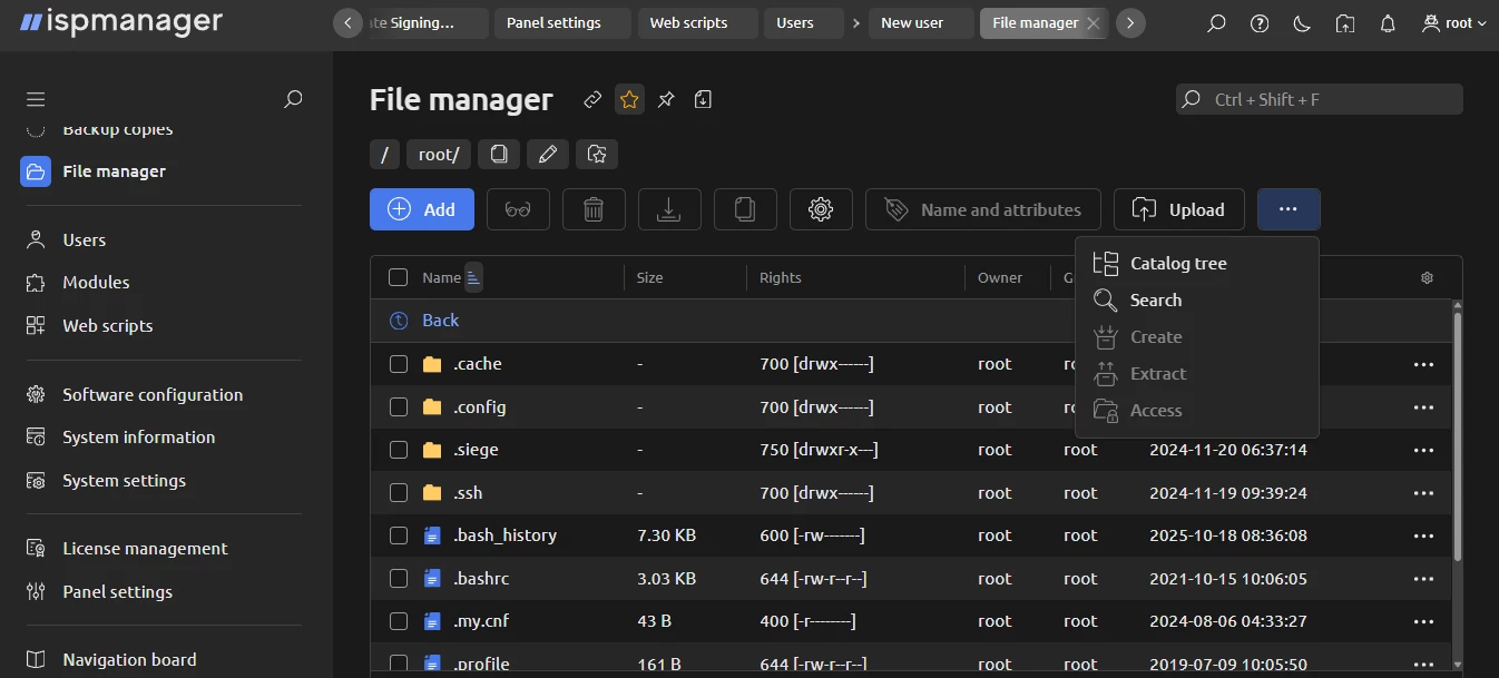 View of ispmanager file manager