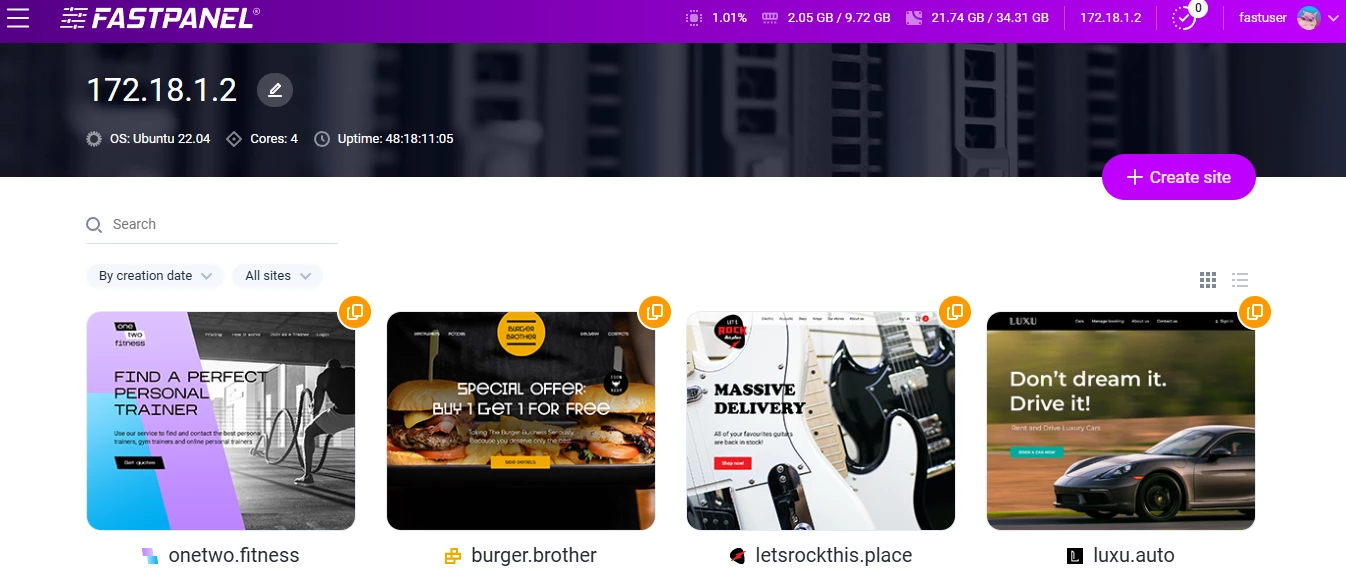 View of FASTPANEL UI