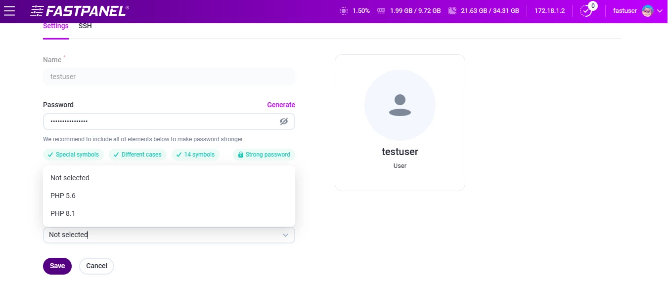 View of user creation in FASTPANEL
