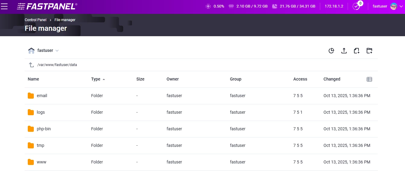 View of FASTPANEL file manager
